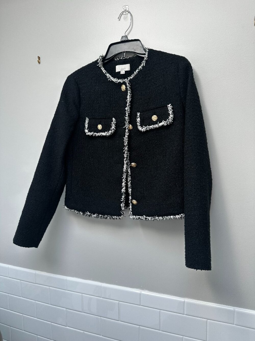 LOFT black tweed jacket with elegant white fringe ; Size XS